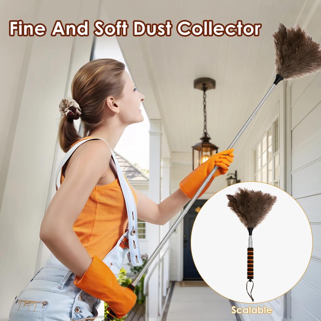 Extendable Ostrich Feather Duster With Stainless Steel Long Handle Brush Household Ceiling Fan Furniture Dust Cleaning Tool