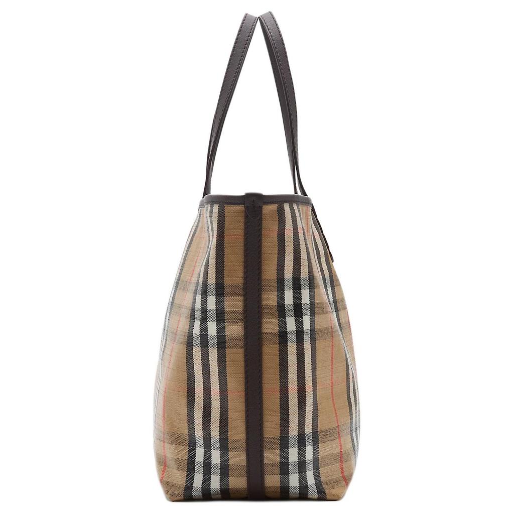 Burberry Vintage Check Canvas Leather Trim Large Tote Bag With Equestrian Knight Detail For Daily Use