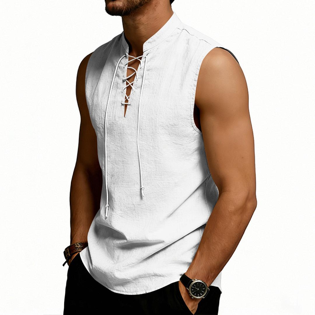 Men Loose Sleeveless Lace Up Casual Summer Mens Vest Medieval Viking Tank Top S белый