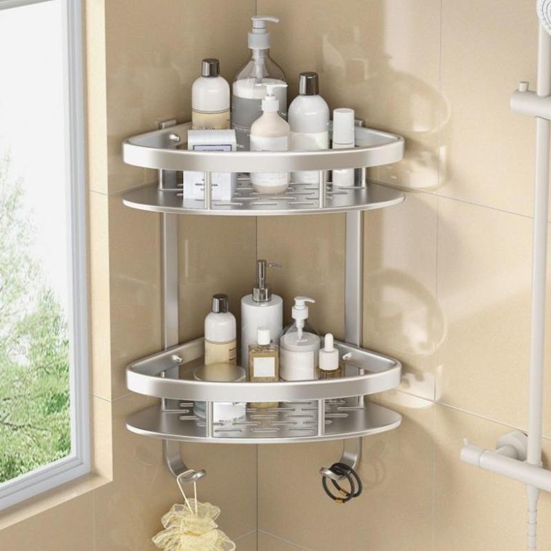 Space Aluminum Bathroom Shelf No Punching Shower Caddy Sheves Kitchen Storage Basket Adhesive Suction Corner Shelves Shower
