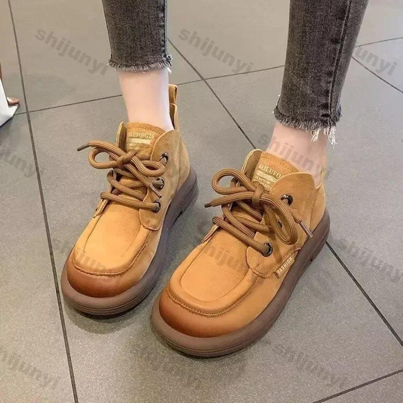 Fashion Womens Vintage Ankle Boots Brown Faux Suede Lace Up Flat Booties Woman Autumn New Fashion Solid Color Casual Short Botas Mujer