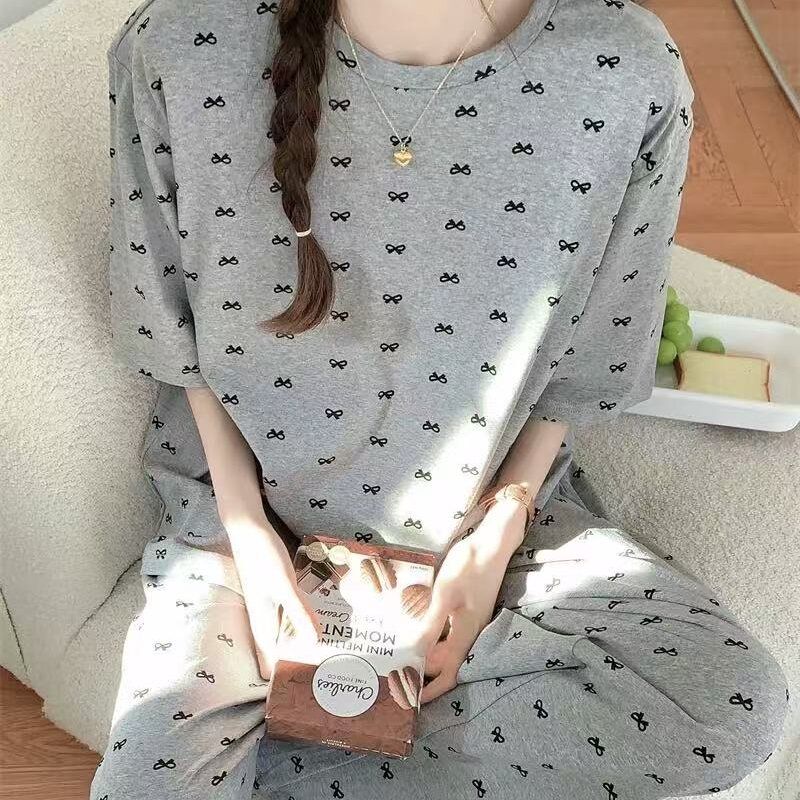 

Summer Thin Short-Sleeved Pants K-style Fat Sister Loose Belly-Covering Modal Cotton Home 2-Piece Casual Suit 8441 Gray Bow Short-Sleeved Trousers XL (105-120)