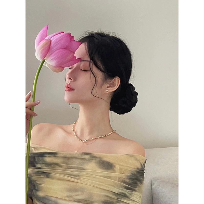 Versatile Chinese Style Tie-dye Mesh Off-shoulder Long Sleeve Holiday Top for Women Large