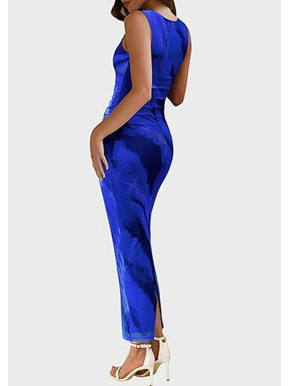 2024 Women's Floral Ruched Mesh Bodycon Dress - Sleeveless, Round Neck