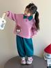 2025 Girls' Korean Style Autumn Two-Piece: Color Block Sweatshirt & Green Pants Set