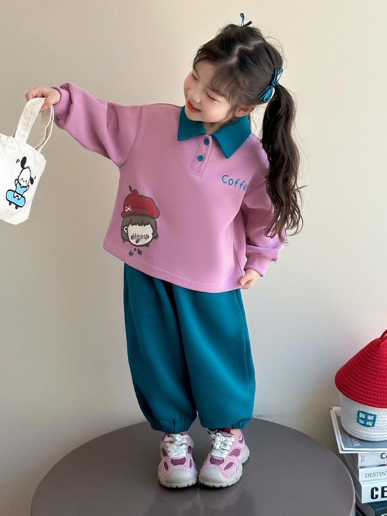 2025 Girls' Korean Style Autumn Two-Piece: Color Block Sweatshirt & Green Pants Set