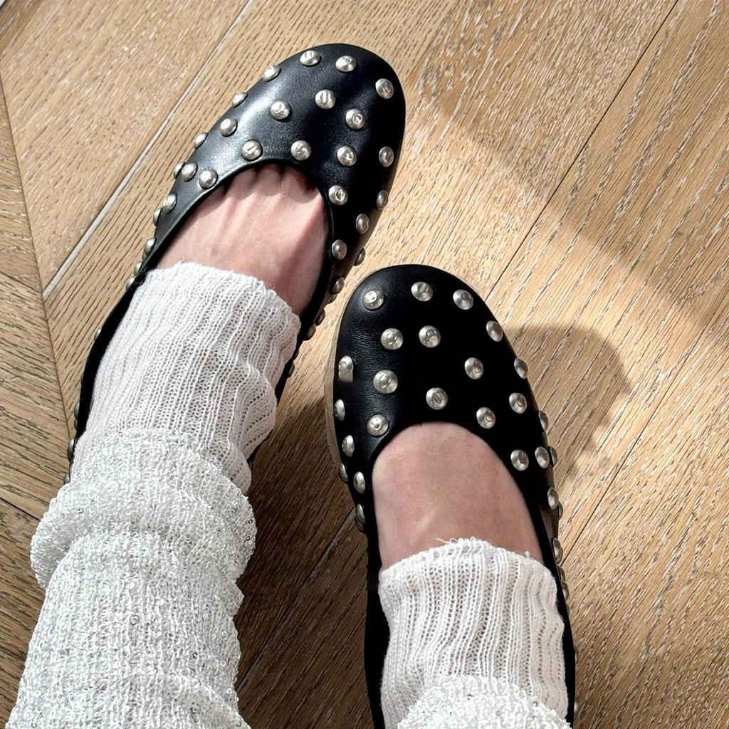 Sheepskin version~ French niche retro riveted ballet shoes leather round head flat bottom Mary Jane shallow mouth single shoes women