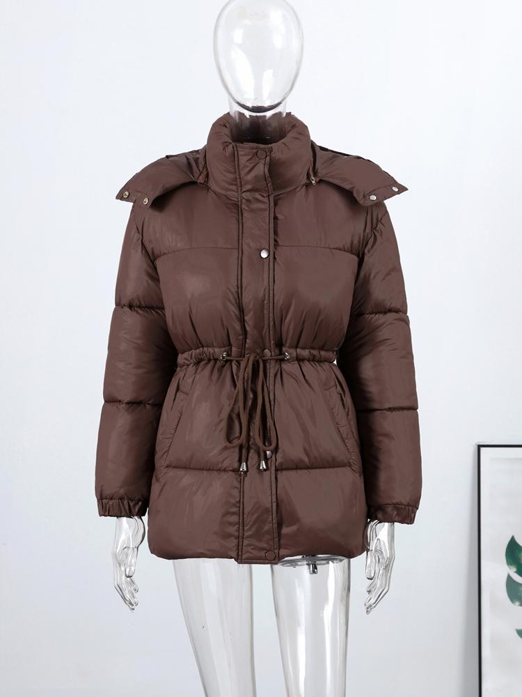 Damen Kapuzen-Baumwolljacke mit Reißverschluss Kordelzug Bindung Locker Warm Braun Baumwollkleidung Leichte Schlanke Jacke Täglicher Arbeitsweg Herbst und Winter