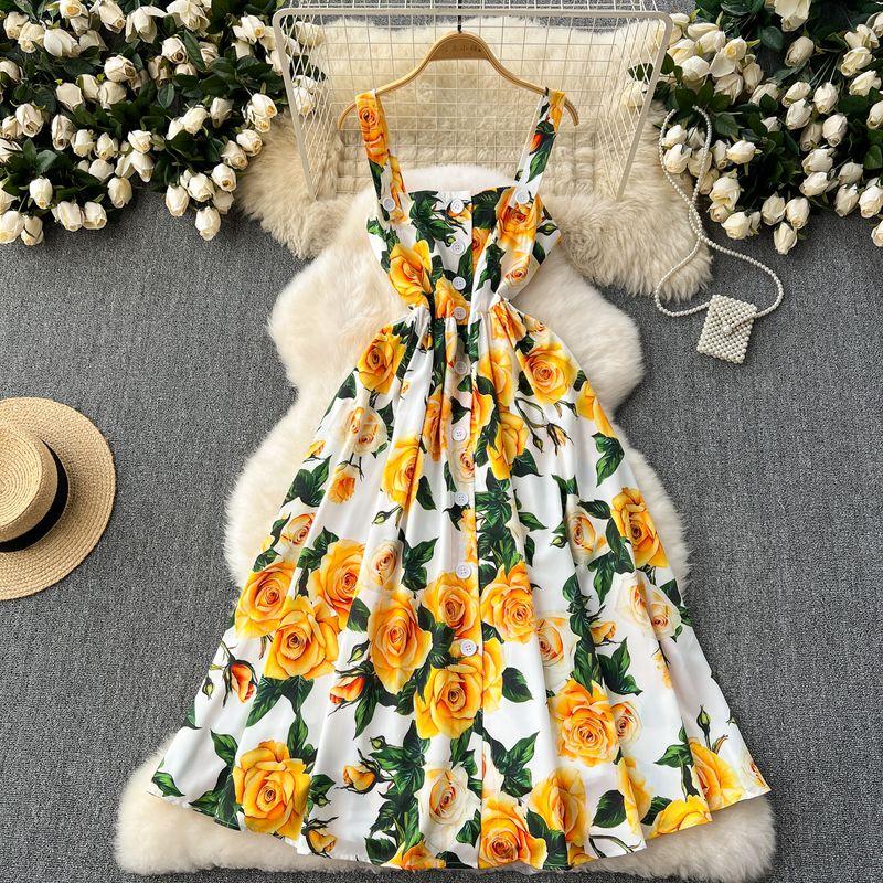 

French Style Elegant Retro Sling Dress Women s Fashion Print Single-Breasted Waist Slim Looking Elegant Vacation Skirt Long Dress Yellow 2XL