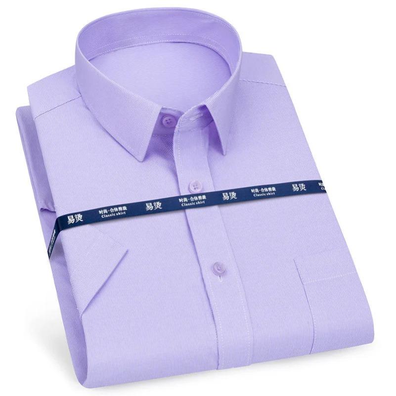 Men‘s Short Sleeve Shirt Business Classic Striped Plaid Checked Male Casual Social Dress Shirts Purple Blue 6XL Plus Large Size