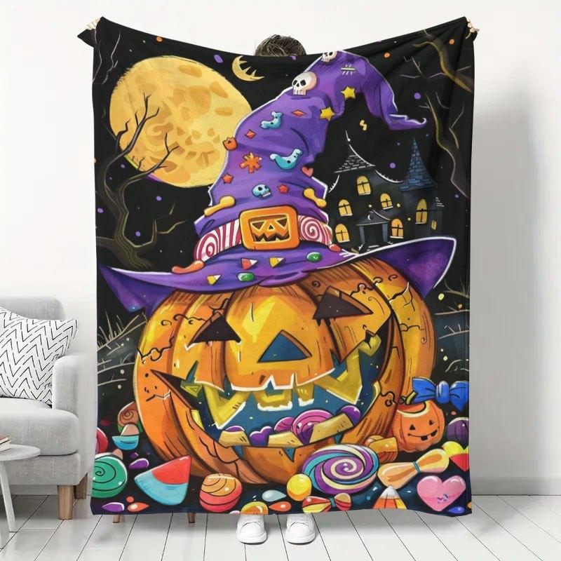 1pc Halloween Themed Jack-o'-Lantern Print Flannel Blanket, Home Sofa Throw Blanket, Office Nap Shawl Blanket, Dormitory Single Person Warm Small Blan