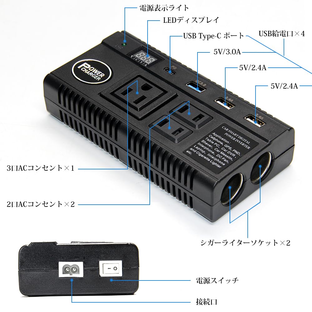 Inverter 24V 12V Car Inverter 120W Cigarette Socket Outlet USB Type-C Port Car Power Source Converts DC12V/24V to AC AC110V Camping Car Sleeping