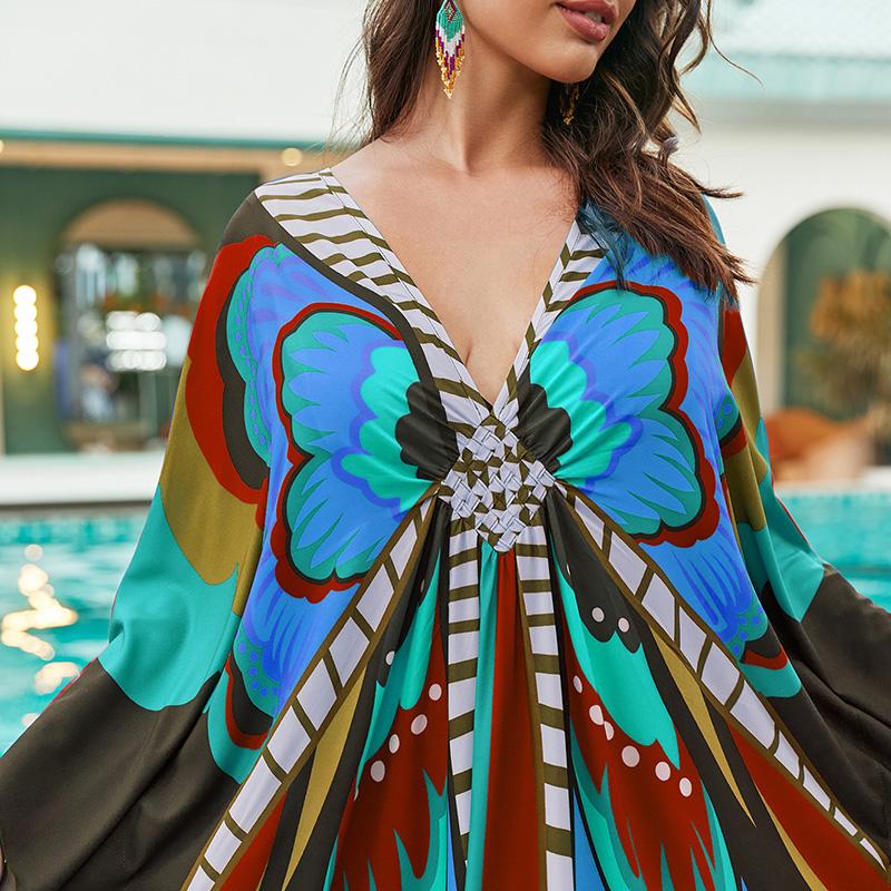 EDOLYNSA Plus Size Kaftan Red Bohemian Printed Summer Long Beach Dress Women Homewear Outfit Swim Suit Cover Up Loose Caftan