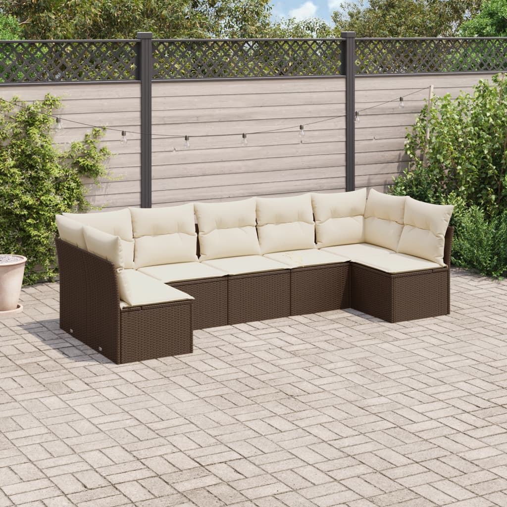 7 Piece Garden Sofa Set with Cushions Brown Poly Rattan