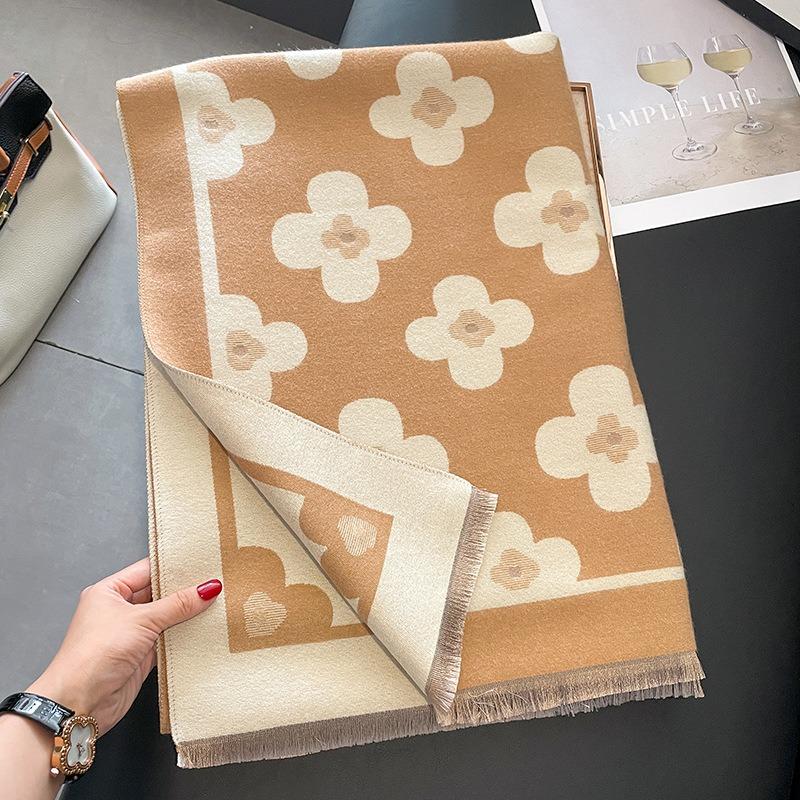 Autumn and winter versatile double-sided two-color flower design shawl women's dual-purpose extended warm imitation cashmere scarf