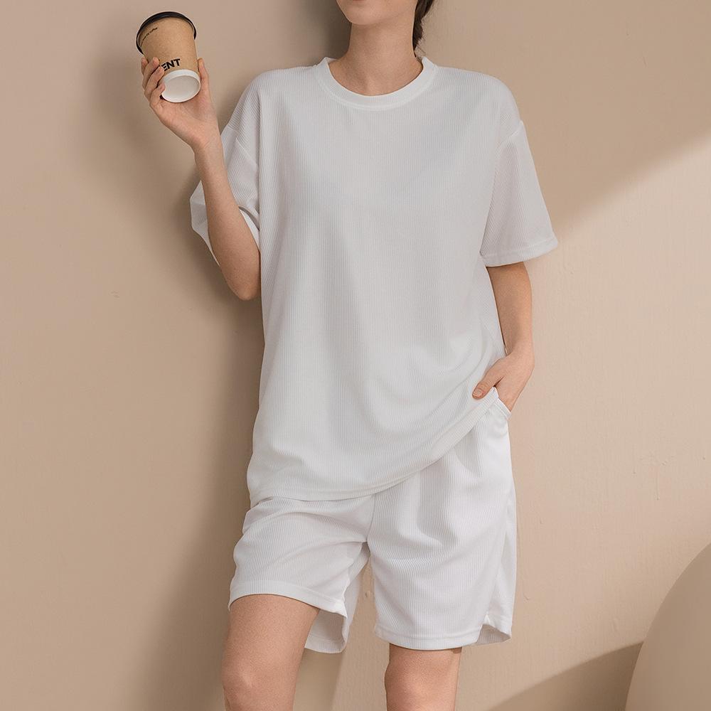 Korean Style Summer Casual Waffle Knit Two-Piece Sportswear Set for Women M белый