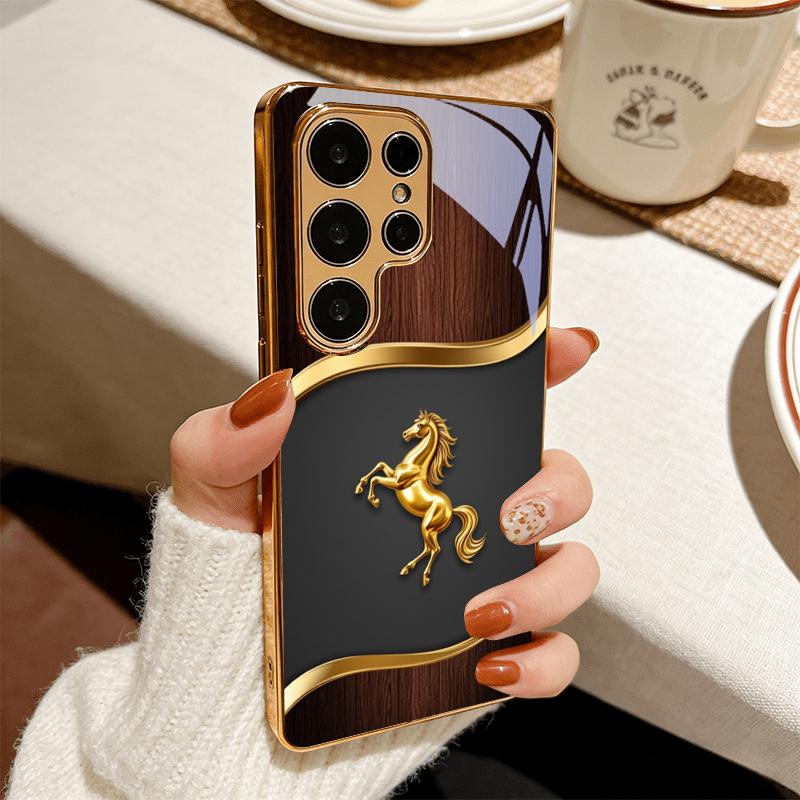 Stallion Emblem Electroplated Golden Phone Case For Samsung Galaxy S25 S24 S26 S23 S22 S21 S20 Ultra Plus FE S26+ Glass Cover