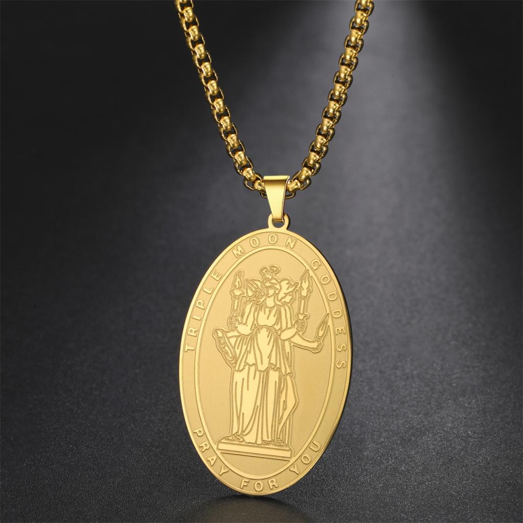 Double-sided Triple Moon Goddess Pendant Necklace Stainless Steel Hecate Choker Vintage Amulet Jewelry