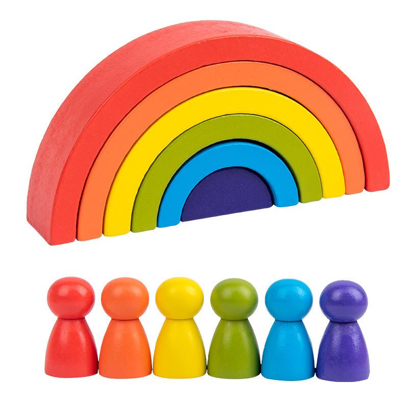 Rainbow Square Arch Building Block Villain Wooden Children's Puzzle Colorful Semicircle Building Block Stacked Music Toy Combination
