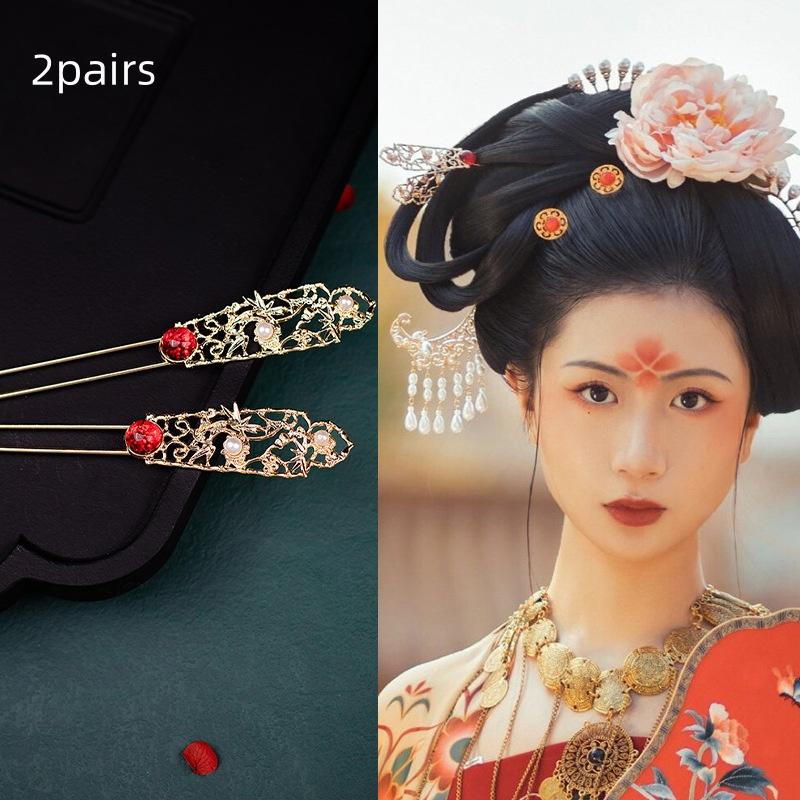 

2 пары Древняя китайская заколка для волос Жемчуг Классическая заколка для волос династии Тан Кисточка Элегантный цветок Гребень для волос