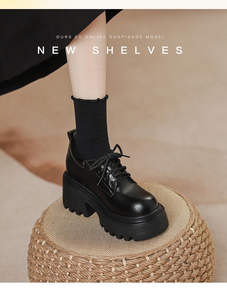 12cm Height Boost Chunky Heel Black Leather Loafers for Women, British Style, Lace-up High Heels for Spring & Autumn