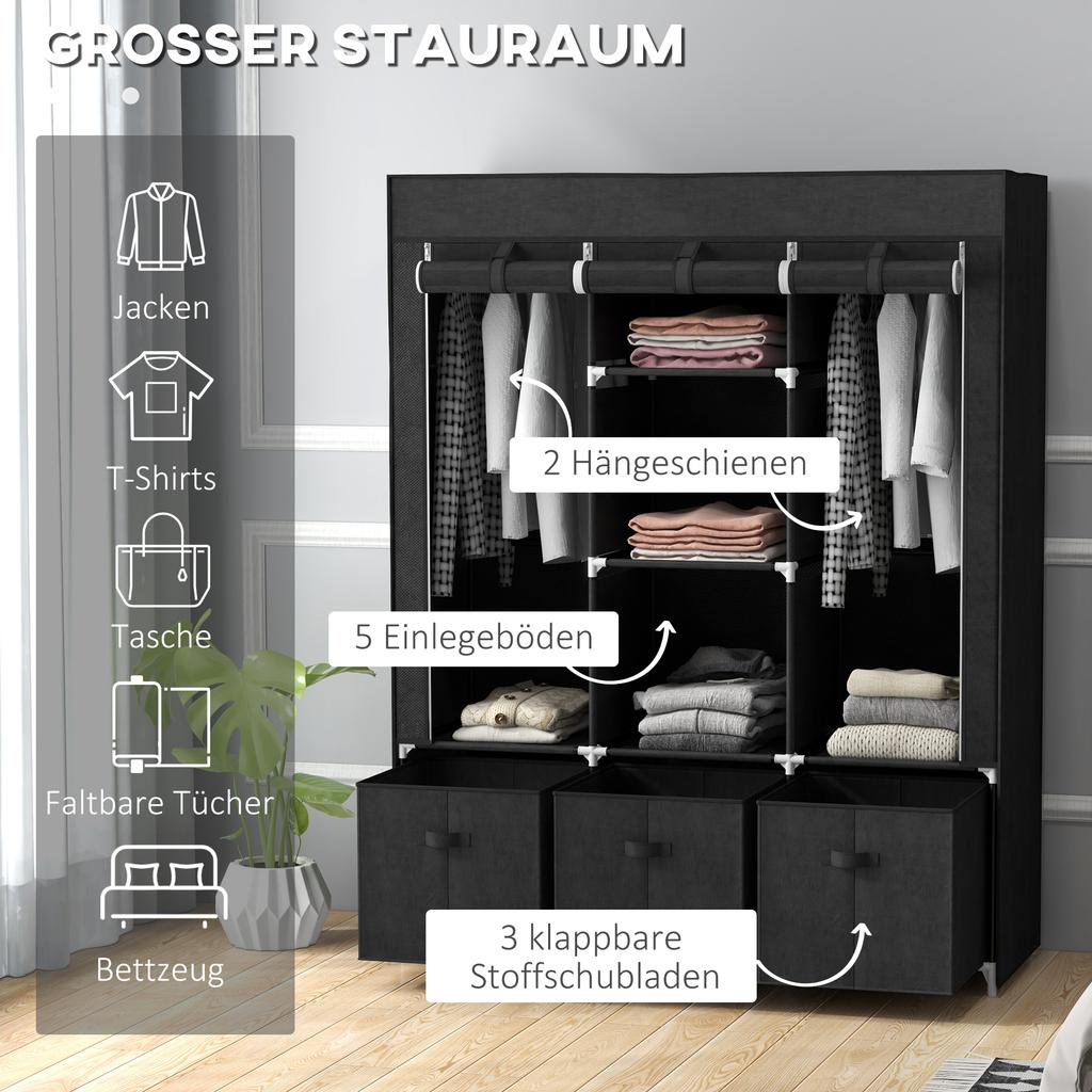 Foldable Fabric Wardrobe for Bedroom, Portable Wardrobe with 5 Shelves, 2 Hanging Rails and 3 Fabric Drawers, Black