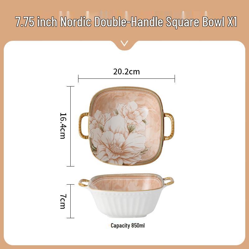 WA Japanese Camellia Ceramic Double-Handled Square Bowl