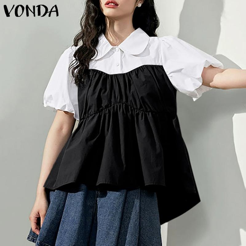 

VONDA женская летняя рубашка с пышным воротником и коротким рукавом контрастного цвета, свободная блузка