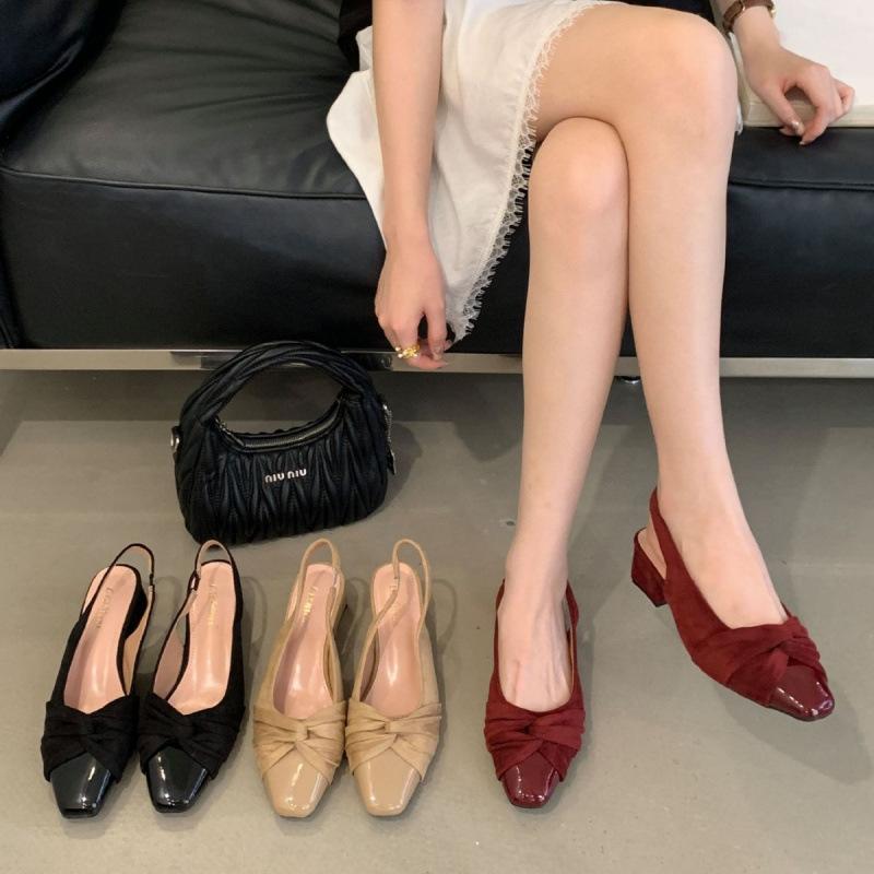 

2025 summer new one-word satin bow thick medium heel empty versatile OL women s shoes 39 хаки