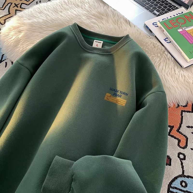 Autumn and Winter Men Sweatshirts Solid Color Letter Printed Casual O-Neck Oversize Streetwear Men Clothing