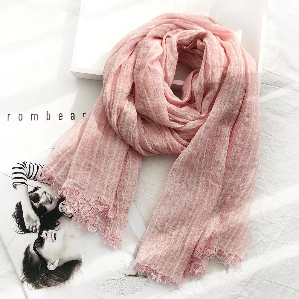Autumn and Winter Striped Cotton and Linen Scarves for Women Classic Cotton and Linen Casual Silk Scarves for Men New Pleated Literary Retro Shawls