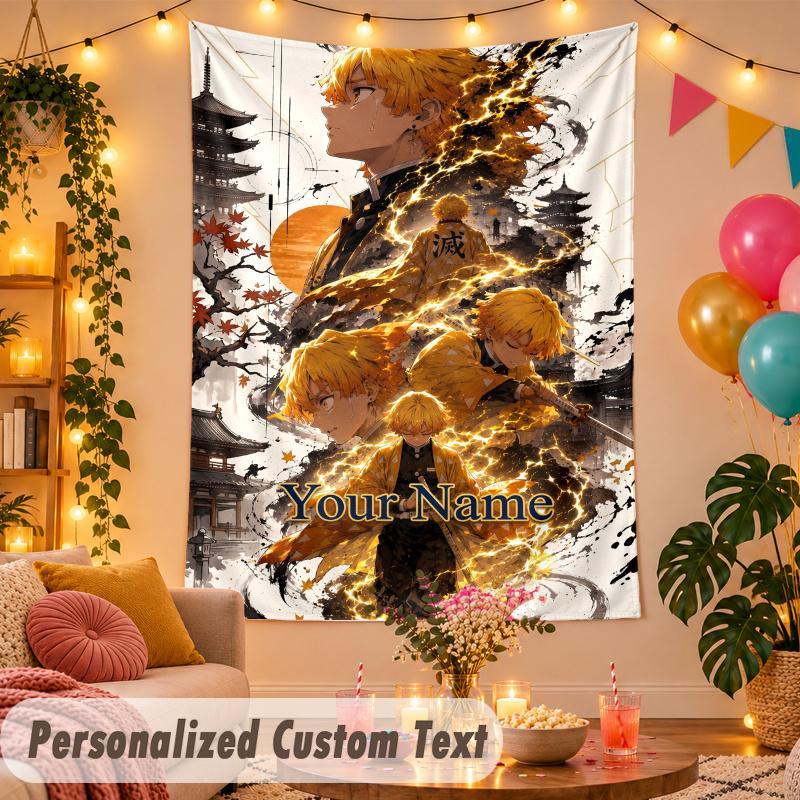 Zenitsu Agatsuma Personalized Wall Tapestry Custom Name Text Polyester Hanging Decor Home Room