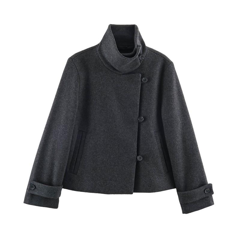 2026 Womens Street Fashion Long Sleeve Turtleneck Solid Color Double-Breasted Jacket W05