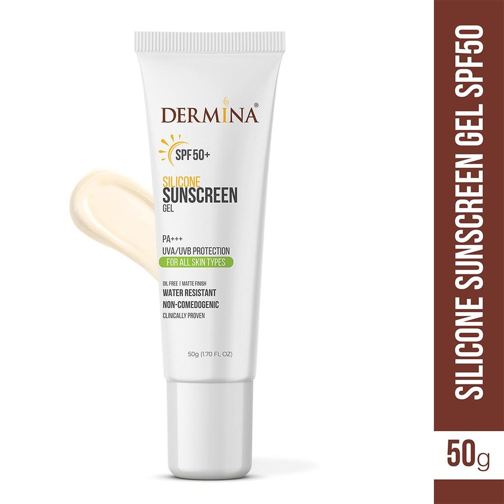 Dermina SPF50 Silicone Sunscreen Gel PA+++ UVA/UVB Acne Prone Oil Free Matte Finish Water Resistant Non-Comodogenic All Skin Type Clinically Proven