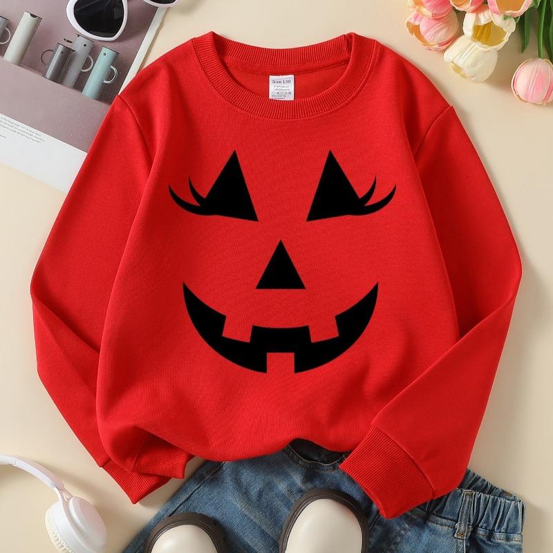 Kids Crewneck Sweatshirt, Cute Halloween Jack O'Lantern Face Print, Soft Casual Pullover for Fall Winter
