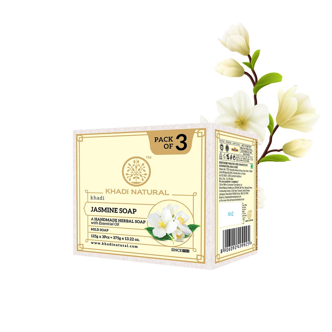 

Khadi Натуральное мыло с жасмином Травяной брусок для купания Цветочный аромат Освежающий аромат Текстура кожи Упаковка 1 шт. по 125 г X 3 шт.