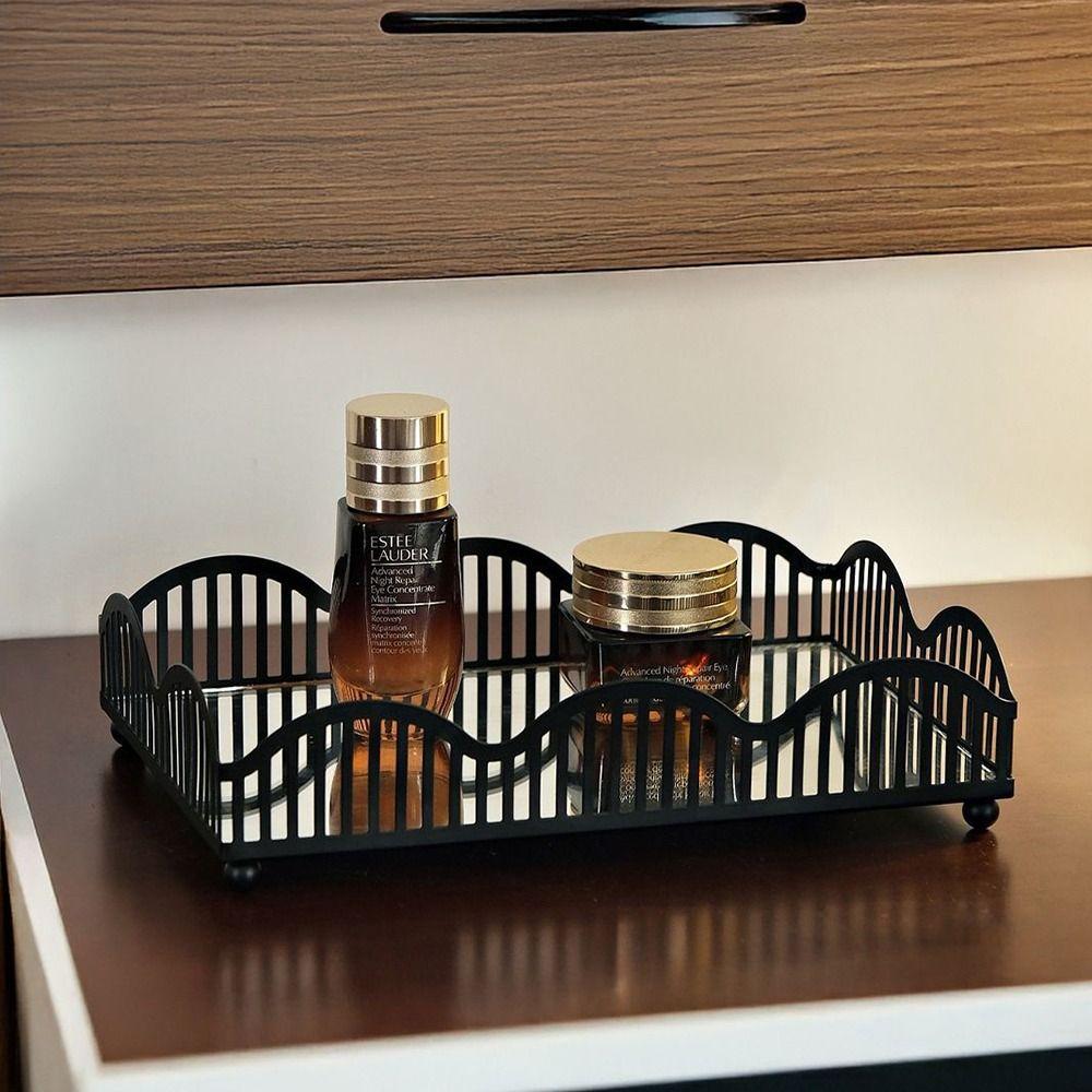 Exquisite Metal Storage Tray with Glass Mirror Bathroom Sundries Organizer Home Decorations