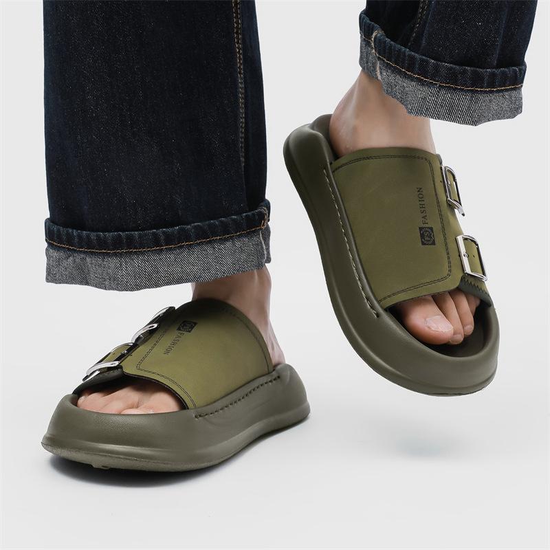 

Summer new men s beach shoes casual and comfortable outer wear thick-soled one-pedal one-word slippers tide 371224-J 44 оливковий колір