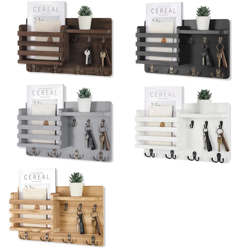 Mail Organizer for Wall Mount Rustic Wood with Key Hooks Hallway Farmhouse Decor Letter Sorter with Floating Shelf