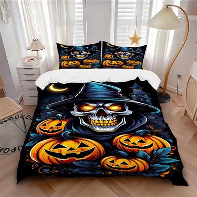 3pc Halloween Pumpkin Skull Cover Set - 1 Quilt Cover + 2 Pillowcases, All Seasons Bedroom Setting, Perfect for Home053