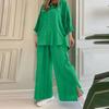 Women's Cotton Linen 2 Piece Outfit Button Down 3/4 Sleeve Shirts And Slit Wide Leg Pants Set Casual Loose Lounge Tracksuit
