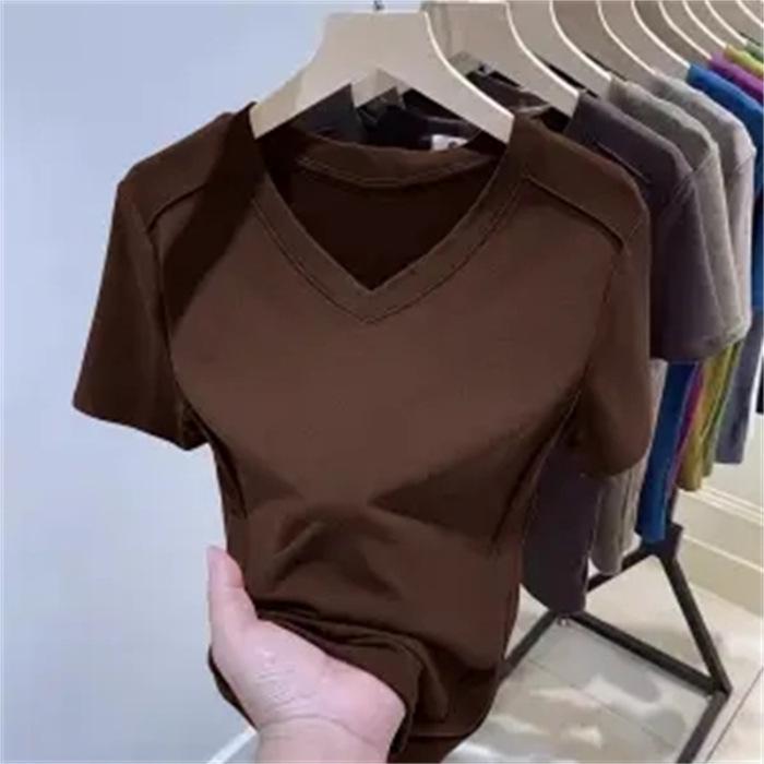 Women's European-Style Ribbed V-Neck Short-Sleeve Slim-Fit T-Shirt, Yellow-Green/Apricot