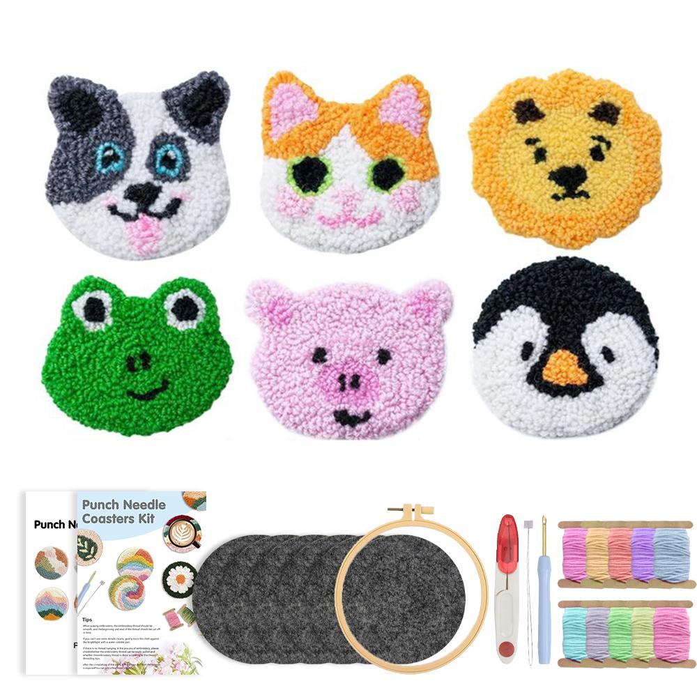 6pcs Punch Needle Embroidery Kit DIY Stitching Coasters Needlecraft Dog Pattern Tufted Rug Pads with Felt Yarns for Beginners