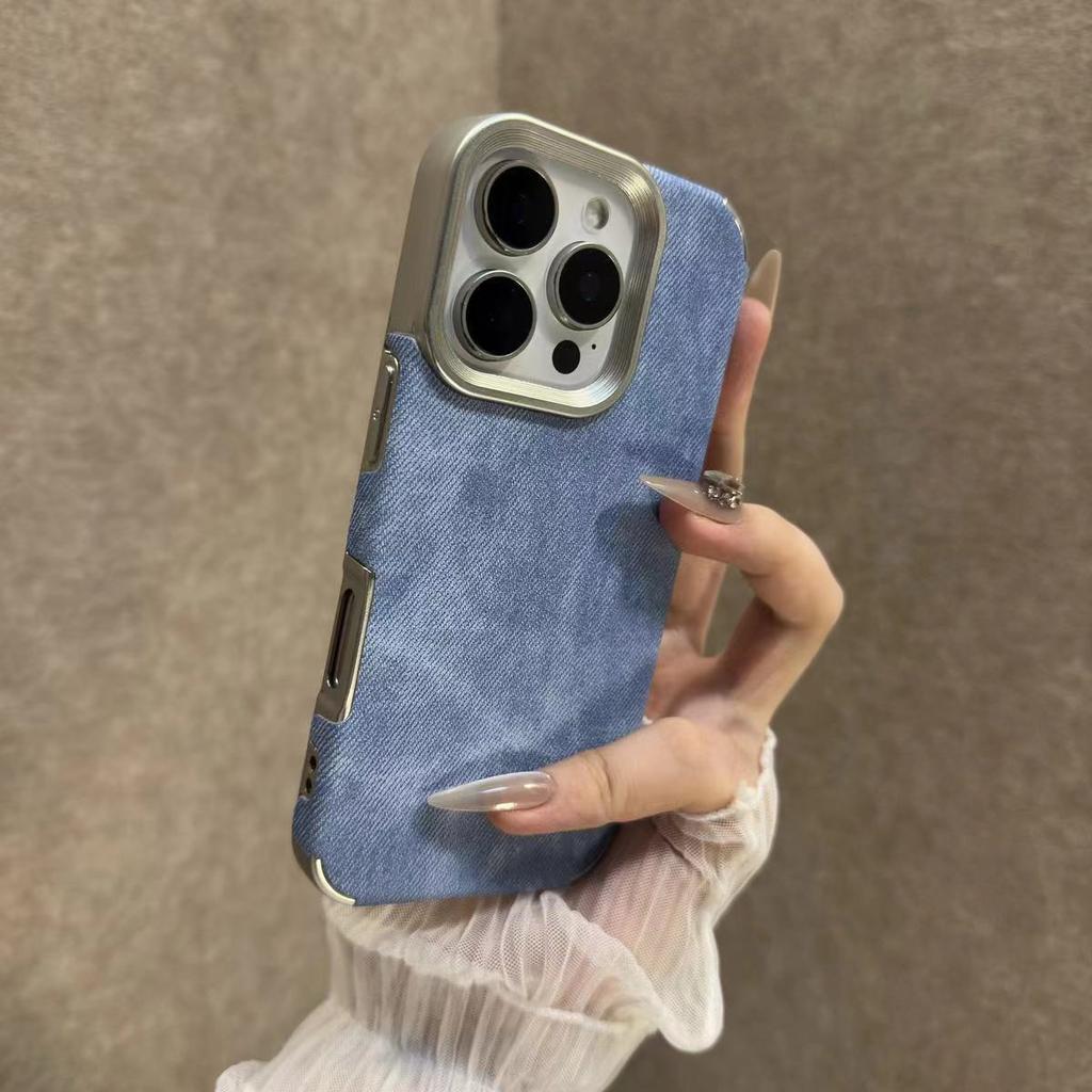 Applicable to iPhone17PROMAX mobile phone case, denim pattern electroplating large hole patch, Apple 16 anti-drop 15 protective case.