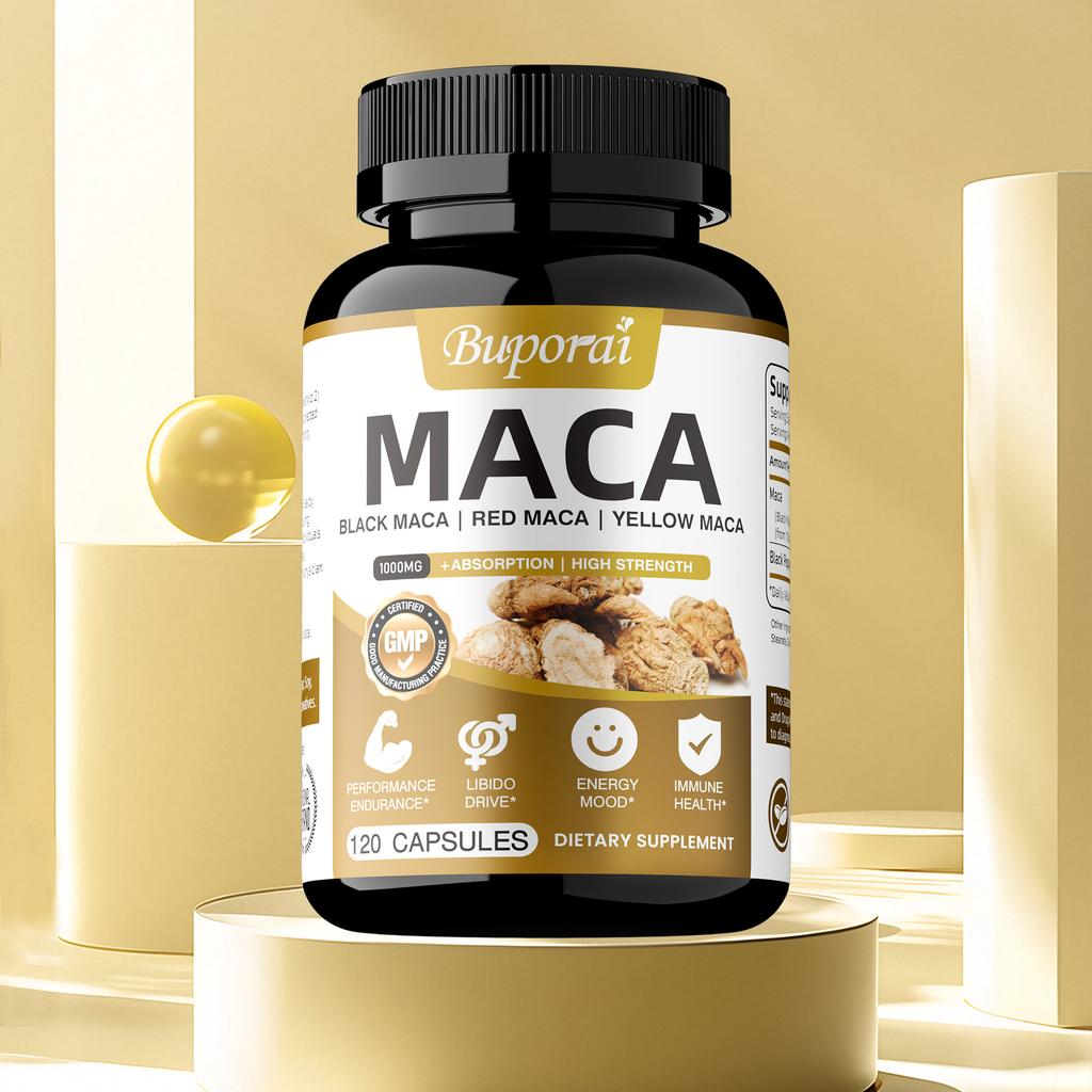Maca Capsules: Boosts stamina, maintains vitality, supports energy levels, promotes immune health; suitable for adults.