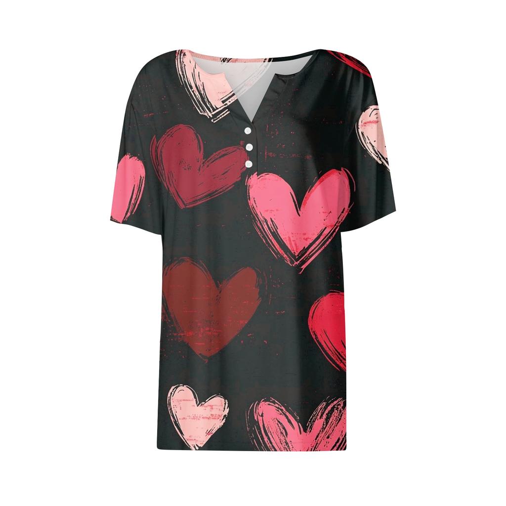 Women's T Shirt Tee Print Button Short Sleeve Daily Weekend Fashion Basic V, Neck Regular Top Valentine's Day