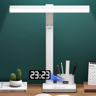 LED stolní lampa s hodinami USB nabíjecí stmívatelná stolní lampa 2 hlavy 180 otočení sklopná ochrana očí pro čtení noční světlo