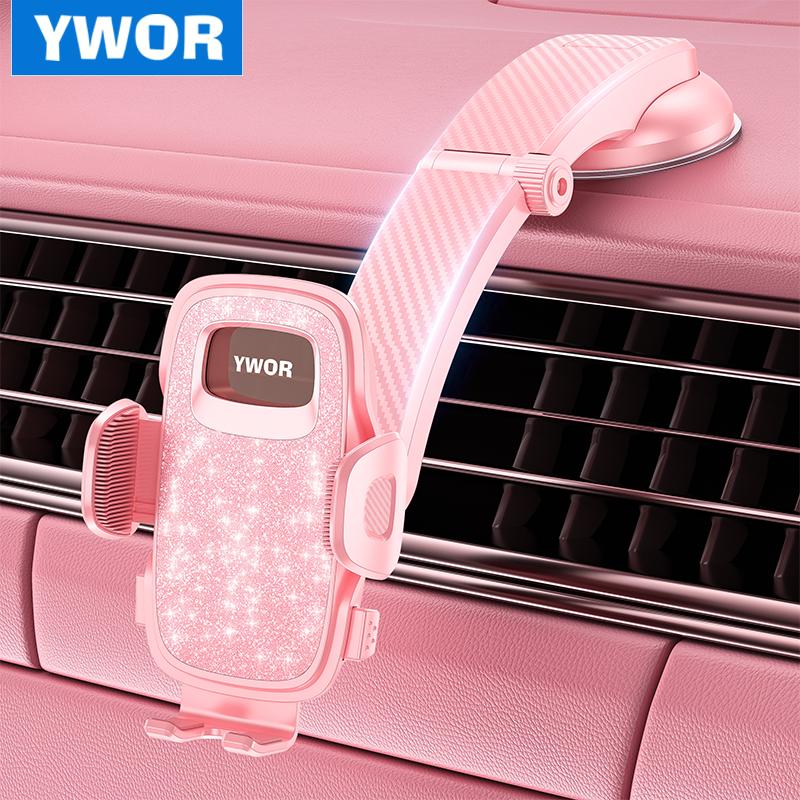YWOR Pink Car Phone Holder, Universal Phone Mount for Car Dashboard,Super Suction Dash Cellphone Car Mount Stand