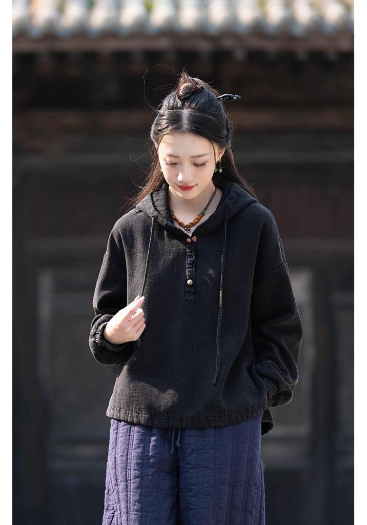 Women's Winter Heavy Industry Insulated Plus Velvet Hooded Button-Up Cotton Linen Pullover