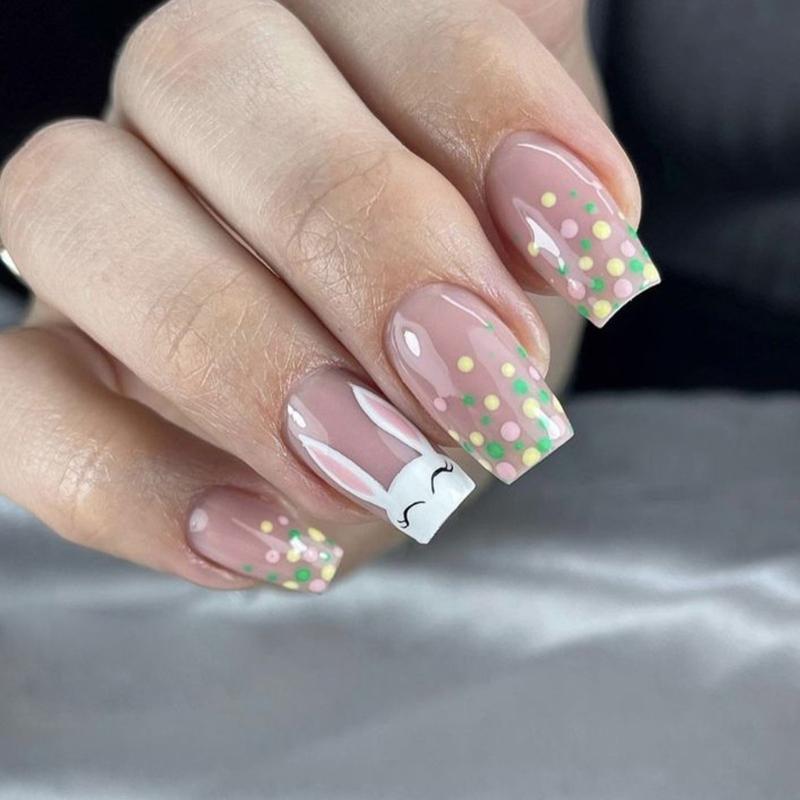 24 Pieces Easter False Nail Medium Square Rabbit Press On Nail Manicure Nail Art Easy Application for Women and Girls